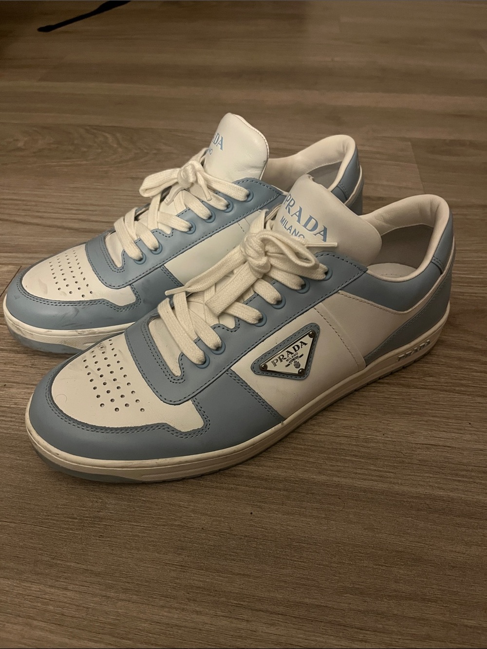 Prada Men’s White & Light Blue Leather Sneakers